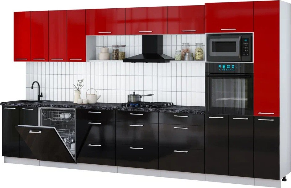 

Готовая кухня Интерлиния Мила Gloss 3.9-ПМ1 (черный глянец/красный глянец/кастилло темный)