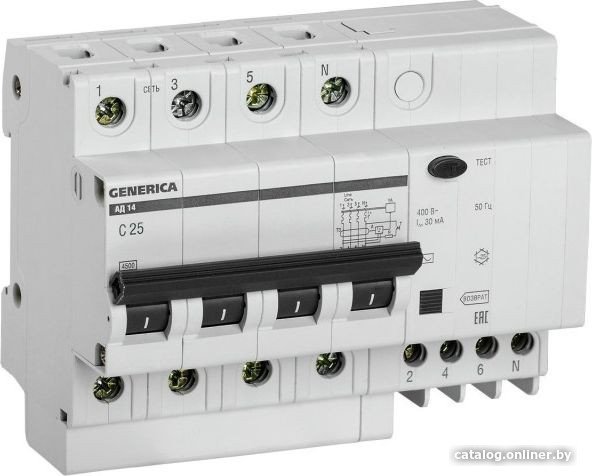 Дифференциальный автомат Generica АД14 4Р 25А 30мА MAD15-4-025-C-030