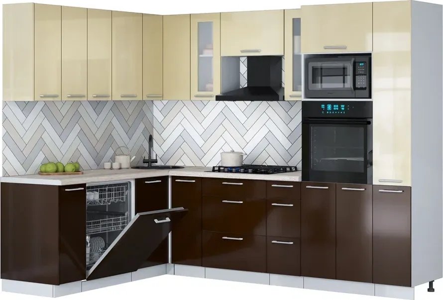 

Готовая кухня Интерлиния Мила Gloss 1.896х2.68 (шоколад глянец/ваниль глянец/травертин серый)