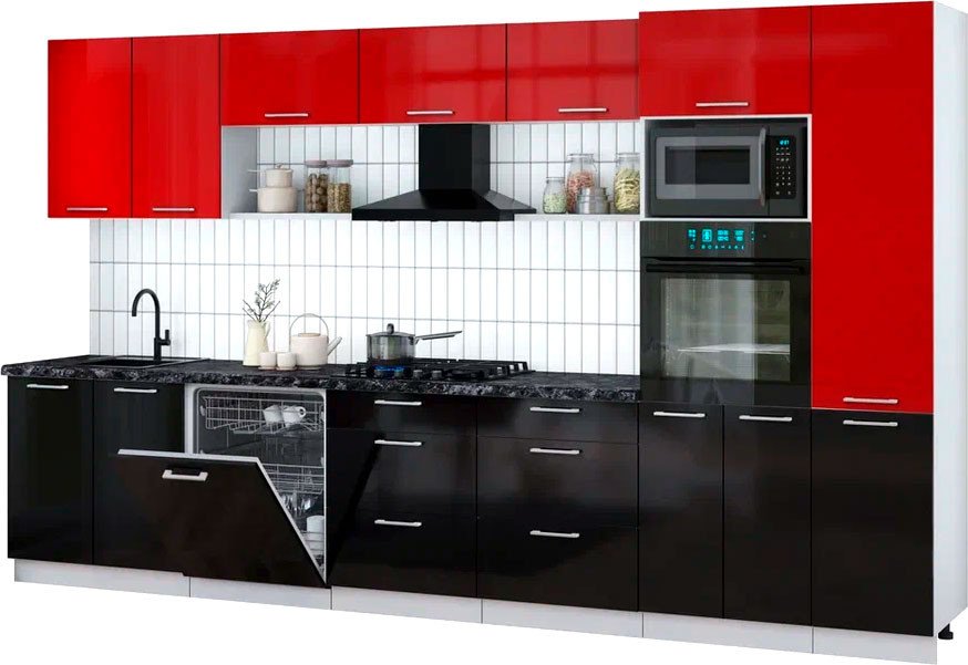 

Готовая кухня Интерлиния Мила Gloss 3.6-ПМ1 (черный глянец/красный глянец/кастилло темный)