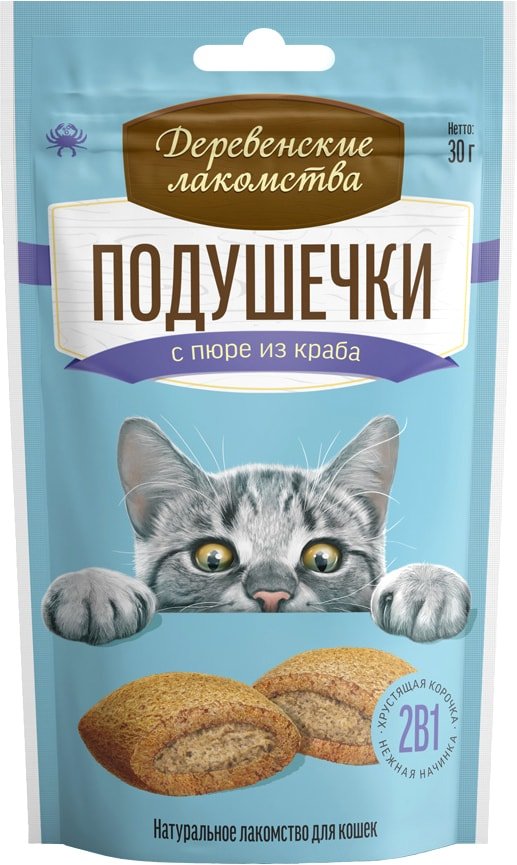 

Лакомство для кошек Деревенские лакомства Подушечки с пюре из краба 30 г