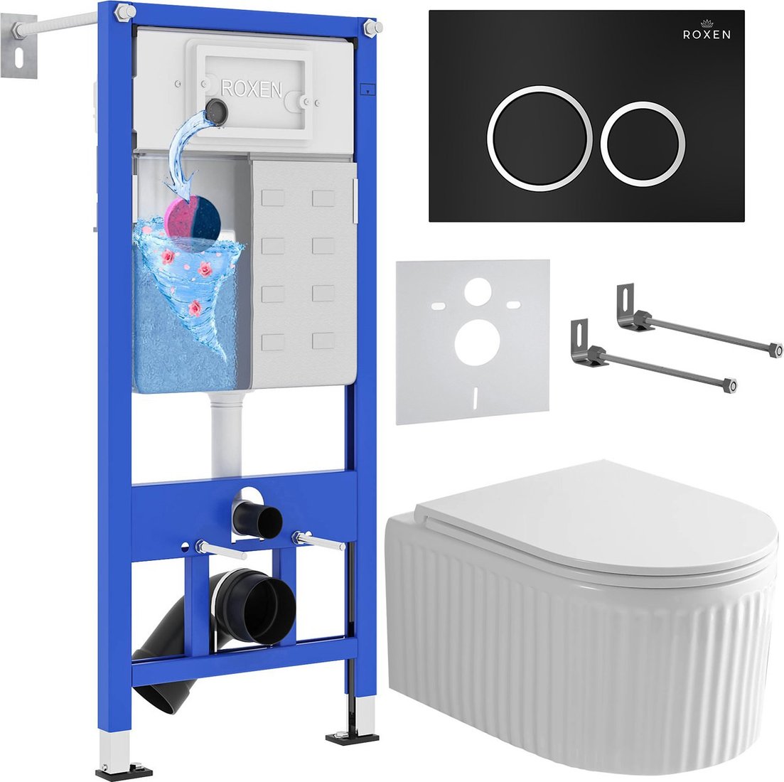 Унитаз подвесной Roxen Royal Matt в комплекте с инсталляцией StounFix Dual Fresh 6 в 1 968231 (кнопка: черный)