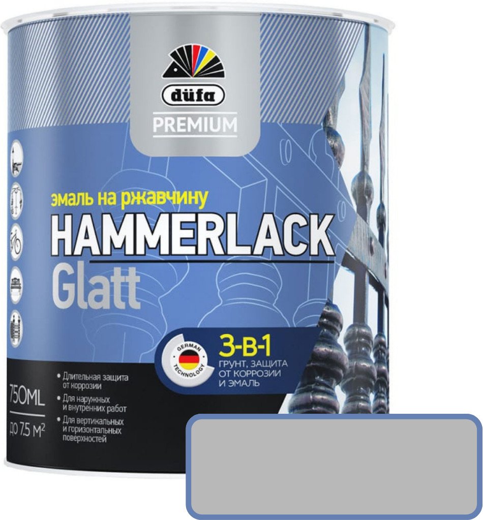 

Эмаль Dufa Hammerlack на ржавчину гладкая RAL7040 (750 мл, серый)