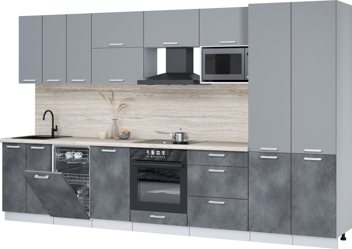 

Готовая кухня Интерлиния Мила Лайт 3.5-ПМ4 (серебро/бетон портленд/травертин серый)