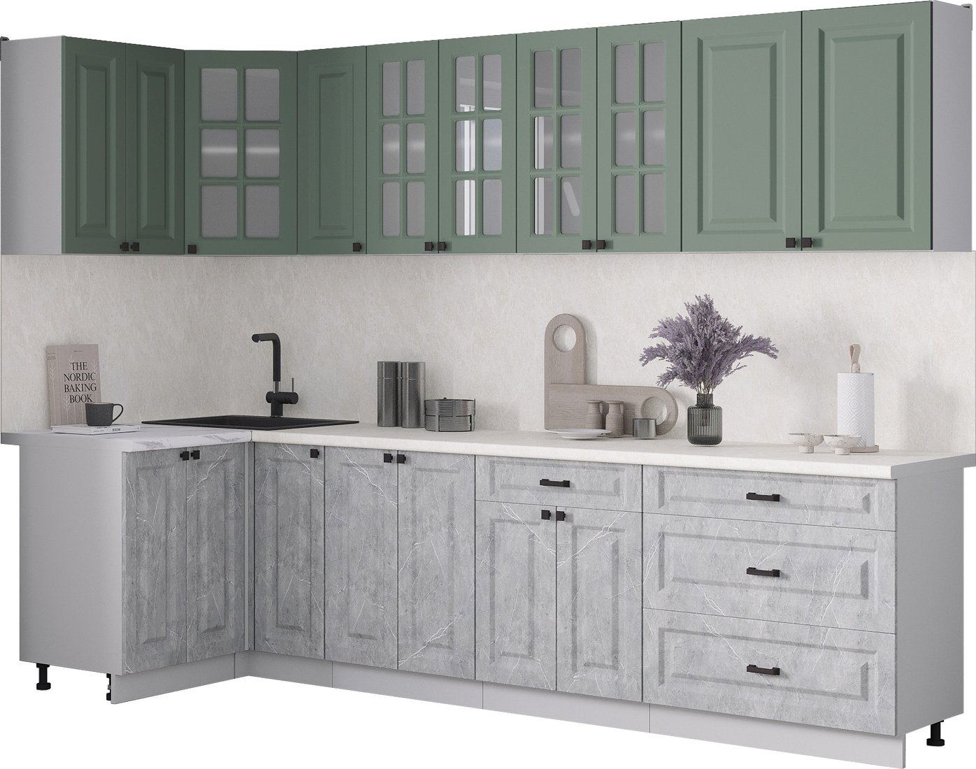 

Готовая кухня Интерлиния Мила Деко 1.2x2.9 (керамика/мята/опал светлый)