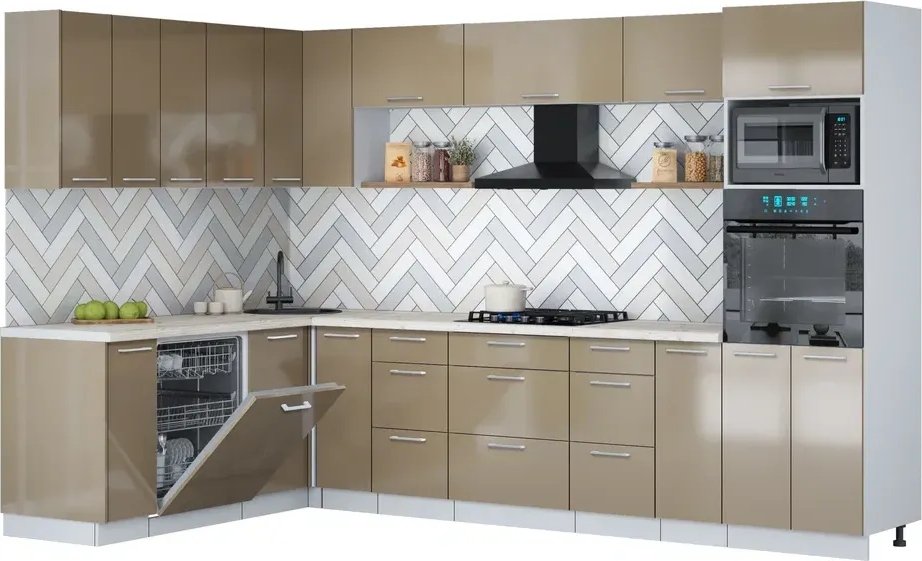 

Готовая кухня Интерлиния Мила Gloss 1.896х3.18 (капучино глянец/капучино глянец/бискайская сосна)