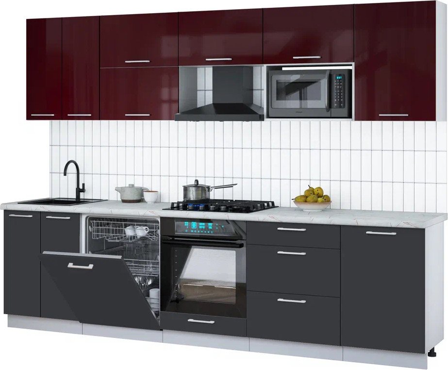 

Готовая кухня Интерлиния Мила Gloss 2.9-ПМ2 (пепел/бордовый глянец/серый каспий)