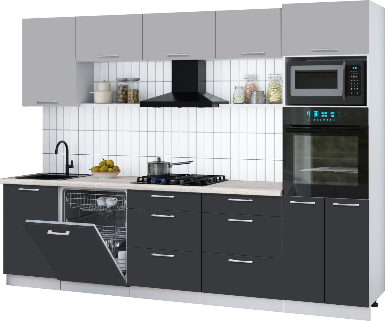 

Готовая кухня Интерлиния Мила Gloss 2.9-ПМ1 (пепел/грей/травертин серый)