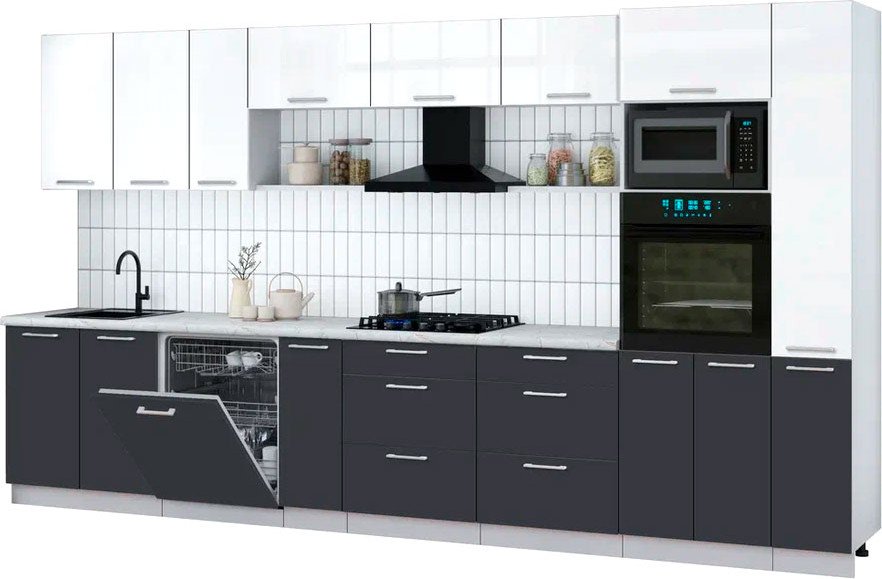 

Готовая кухня Интерлиния Мила Gloss 3.8-ПМ1 (пепел/белый глянец/серый каспий)