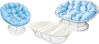 M-Group Мамасан, Папасан и стол 12140103 (белый ротанг/голубая подушка)