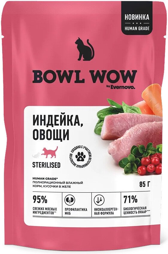 Пресервы Bowl Wow Пауч желе с индейкой и овощами для стерилизованных кошек (12x85 г)