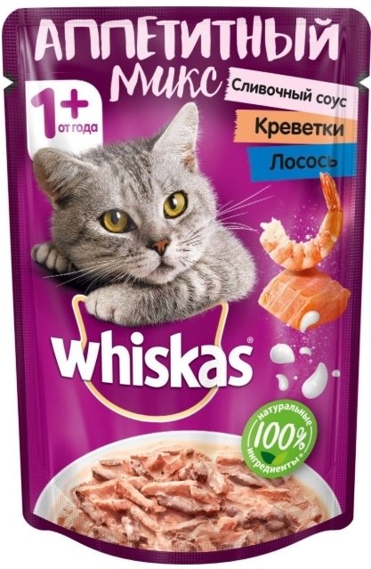 

Пресервы Whiskas Аппетитный микс, креветки и лосось со сливочным соусом 0.085 кг