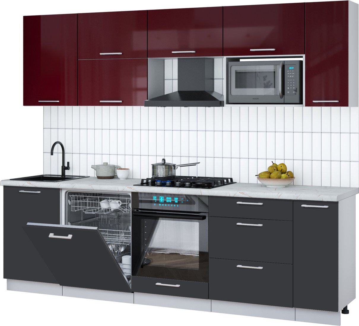 

Готовая кухня Интерлиния Мила Gloss 2.6-ПМ2 (пепел/бордовый глянец/серый каспий)