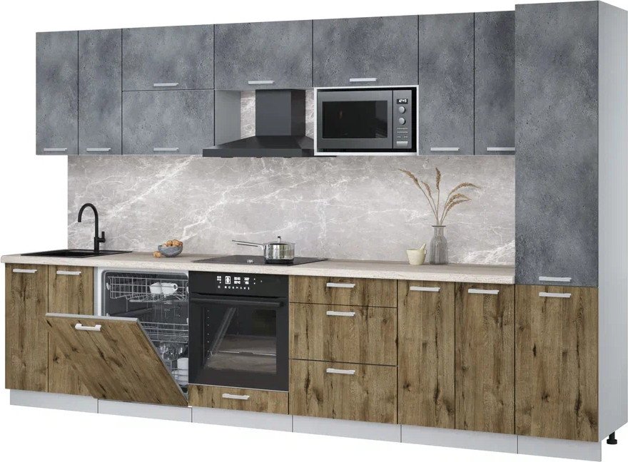 

Готовая кухня Интерлиния Мила Лайт 3.4-ПМ2 (бетон портленд/дуб веллингтон/травертин серый)