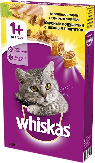 

Сухой корм для кошек Whiskas Аппетитное ассорти с курицей, уткой и индейкой 0.35 кг