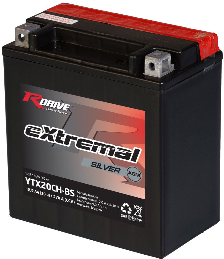 

Мотоциклетный аккумулятор RDrive eXtremal Silver YTX20CH-BS (18 А·ч)