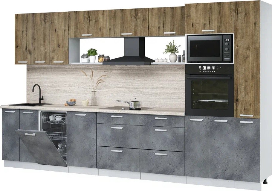 

Готовая кухня Интерлиния Мила Лайт 3.6-ПМ3 (дуб веллингтон/бетон портленд/травертин серый)