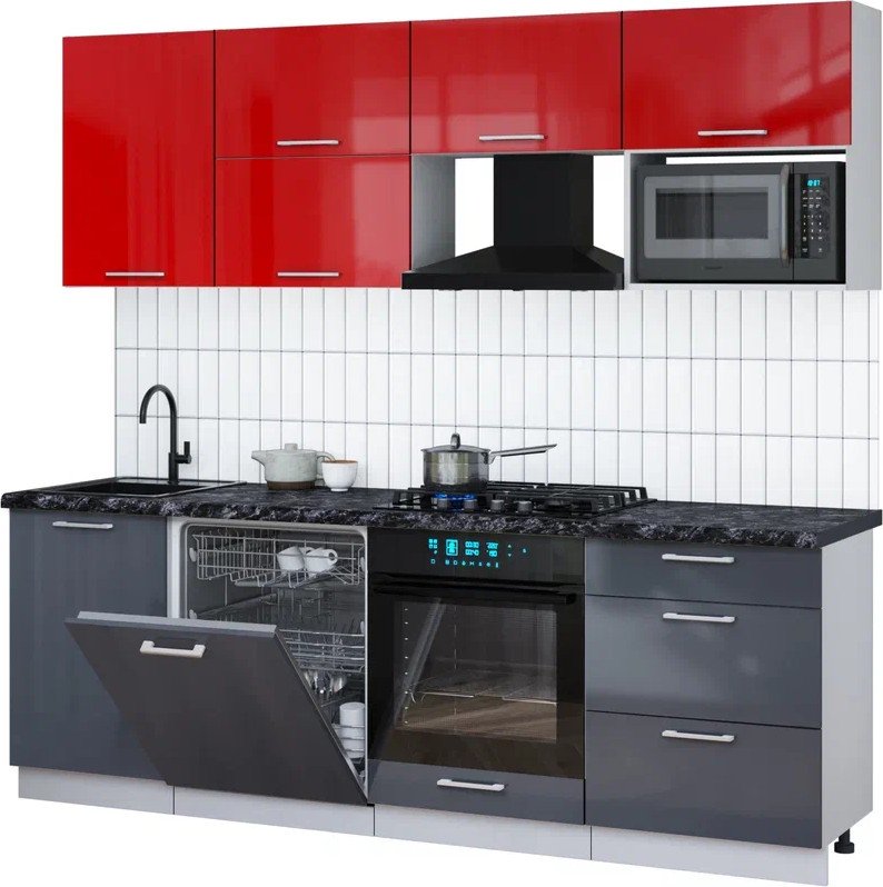 

Готовая кухня Интерлиния Мила Gloss 2.3-ПМ2 (асфальт глянец/красный глянец/кастилло темный)