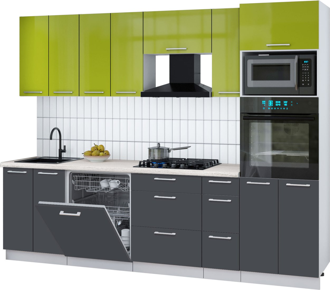 

Готовая кухня Интерлиния Мила Gloss 2.7-ПМ1 (пепел/яблоко глянец/травертин серый)