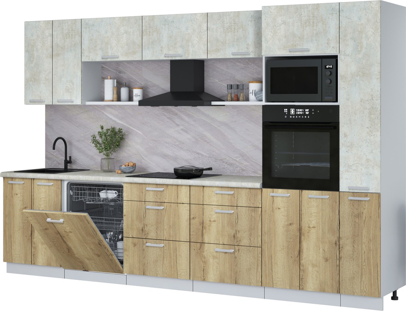 

Готовая кухня Интерлиния Мила Лайт 3.3-ПМ1 (бетон лайт/дуб золотой/опал светлый)