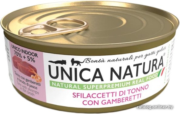 Консервированный корм для кошек Unica Natura Unico Indoor с тунцом и креветками 70 г