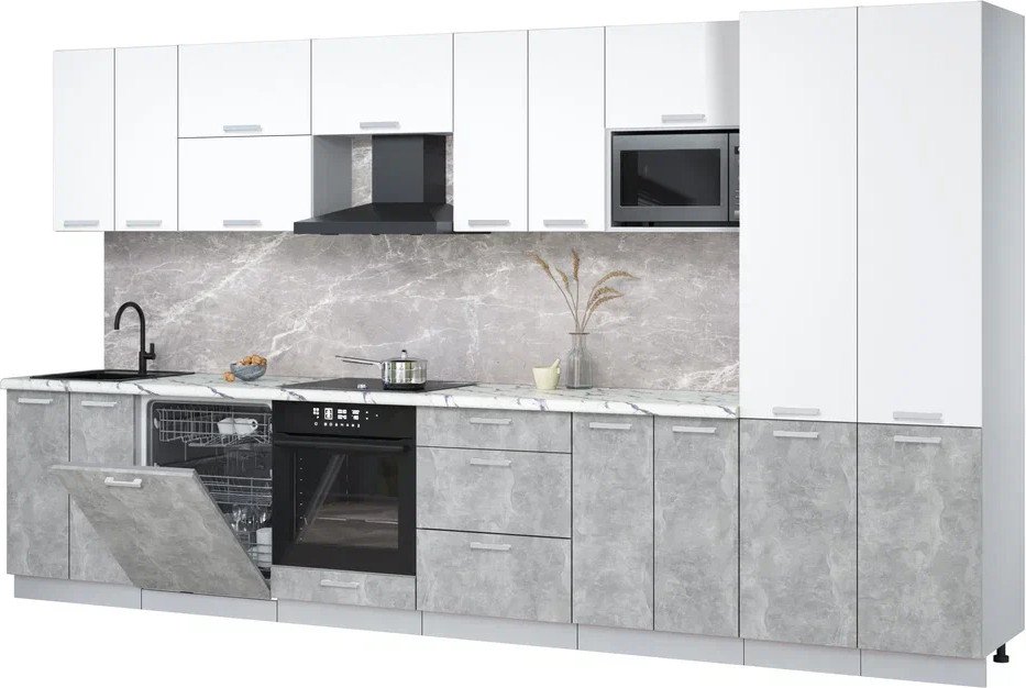 

Готовая кухня Интерлиния Мила Лайт 3.8-ПМ2 (белый платинум/бетон/белый гранит)