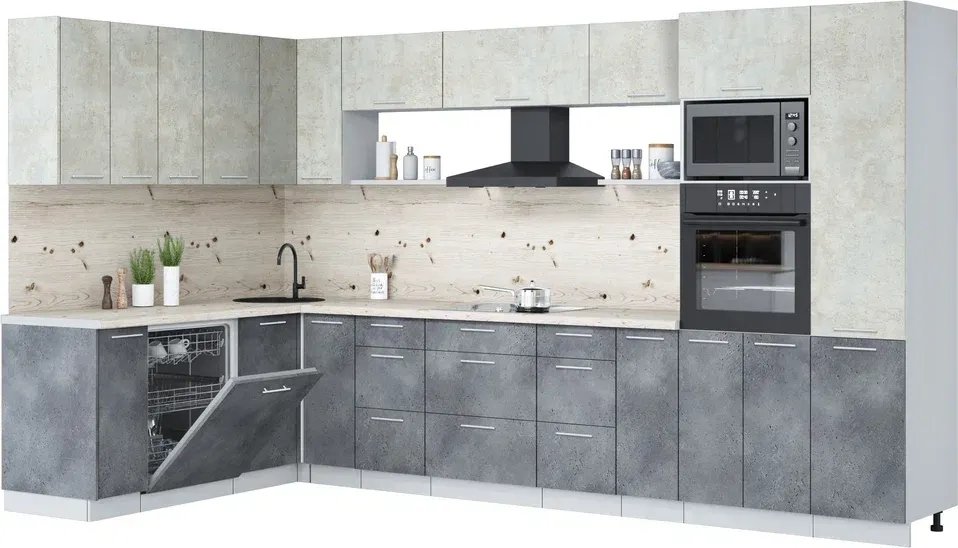 

Готовая кухня Интерлиния Мила Лайт 1.896х3.58 (бетон лайт/бетон портленд/бискайская сосна)