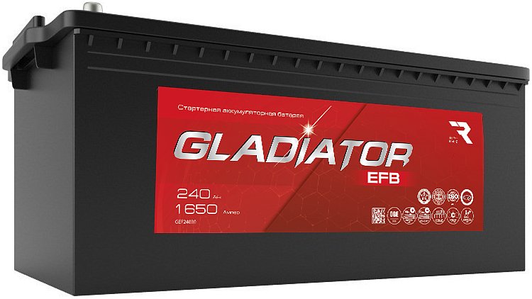 

Автомобильный аккумулятор Gladiator EFB 240(3) евро (240 А·ч)