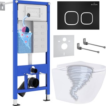 Унитаз подвесной Roxen Antares Tornado Long в комплекте с инсталляцией StounFix Dual Fresh 6 в 1 868433 (кнопка: черный матовая)