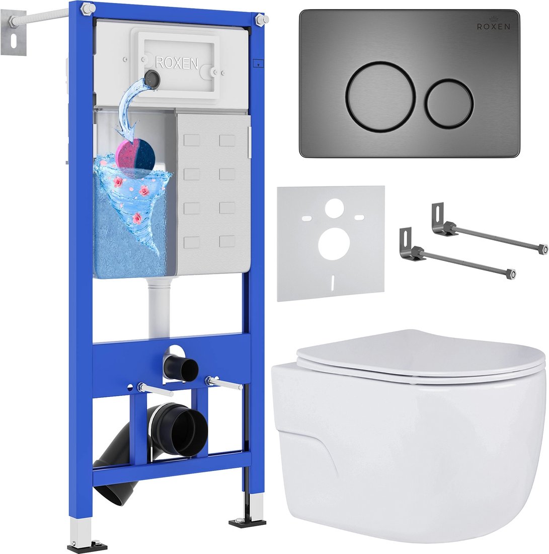 

Унитаз подвесной Roxen Porto One Rimless 6 в 1 StounFix Dual Fresh 627320 (оружейная сталь/металл)