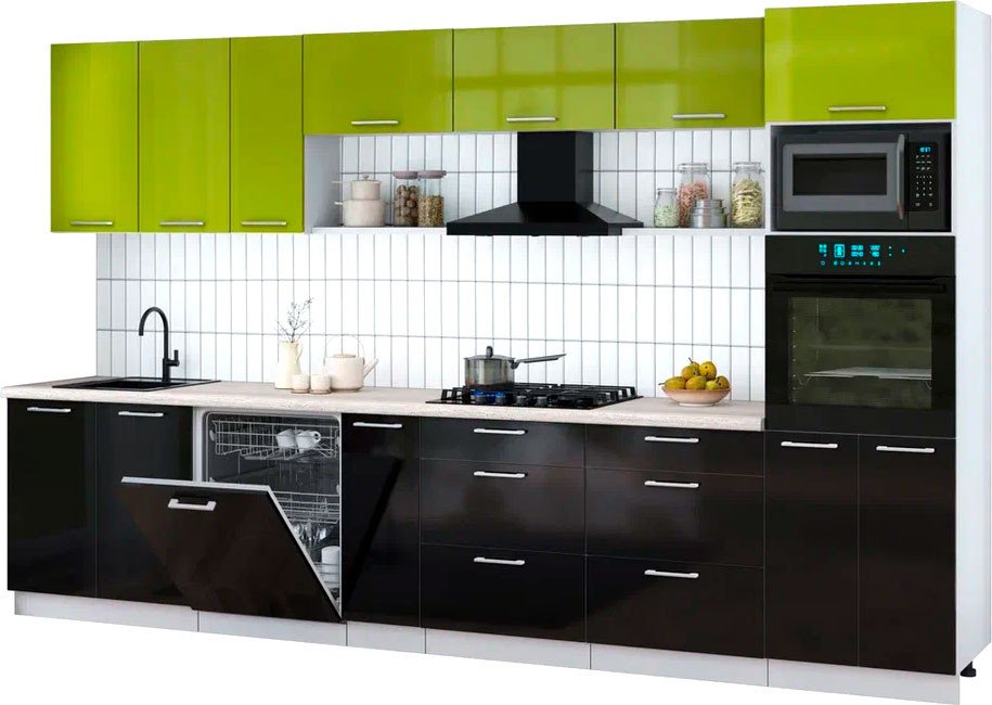 

Готовая кухня Интерлиния Мила Gloss 3.5-ПМ1-2 (черный глянец/яблоко глянец/травертин серый)