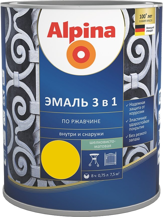 

Эмаль Alpina Эмаль 3 в 1 по ржавчине (желтый, шелковисто-матовая, 0.75 л)