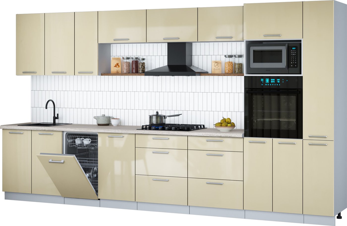 

Готовая кухня Интерлиния Мила Gloss 3.8-ПМ3 (ваниль глянец/ваниль глянец/травертин серый)