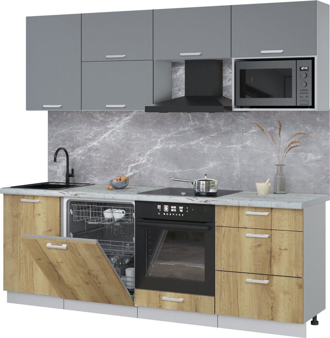 

Готовая кухня Интерлиния Мила Лайт 2.3-ПМ2 (серебро/дуб золотой/серый каспий)