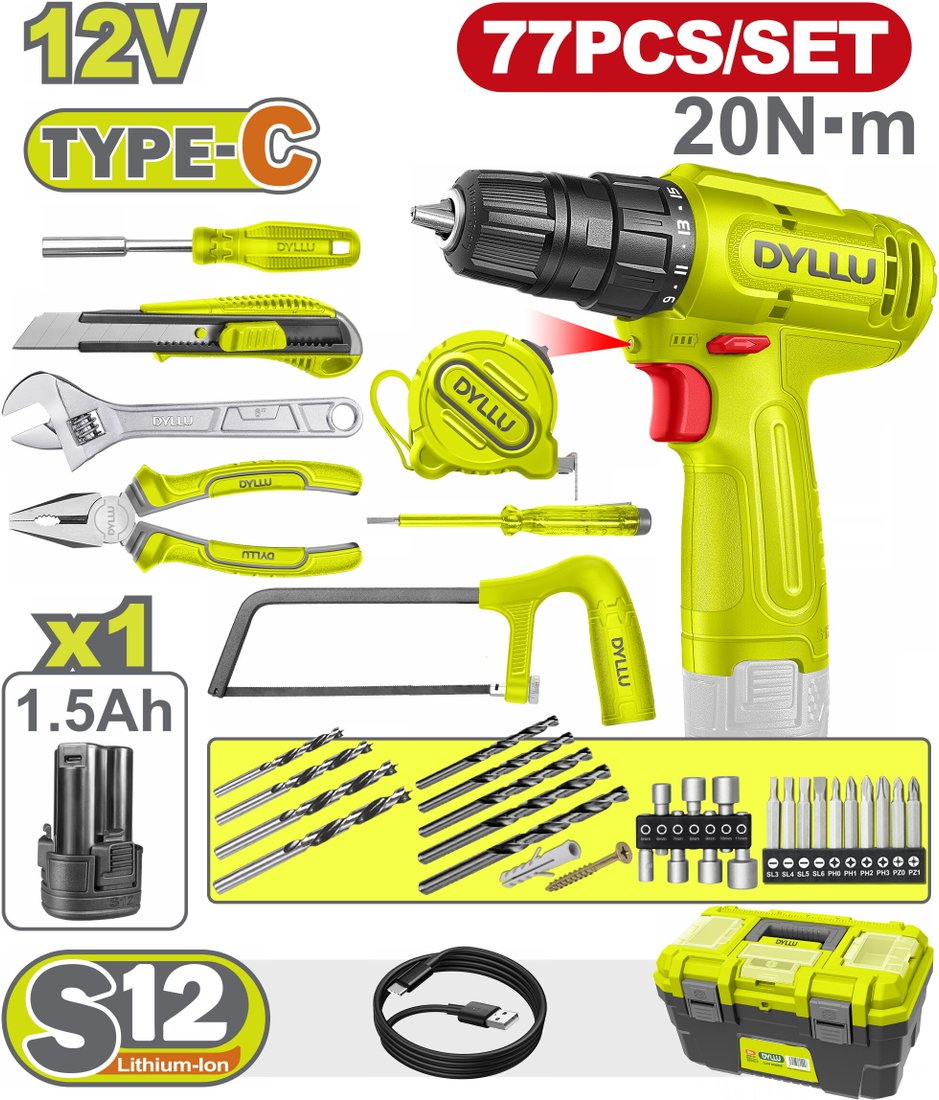 

Дрель-шуруповерт Dyllu DTDT4B77 (с 1-им АКБ, кейс, набор инструментов)