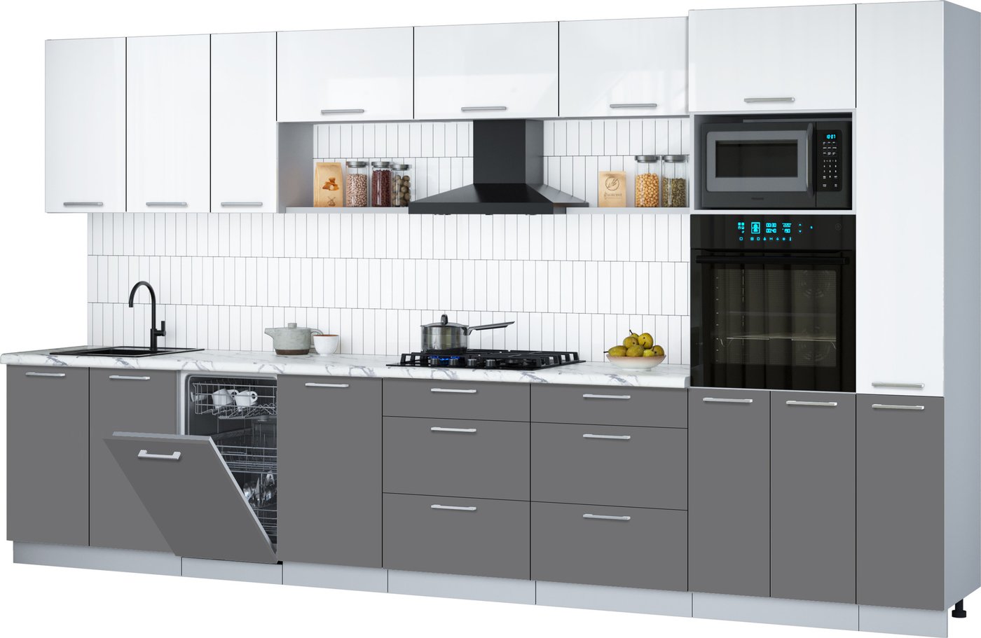 

Готовая кухня Интерлиния Мила Gloss 3.8-ПМ3 (серый/белый глянец/белый гранит)