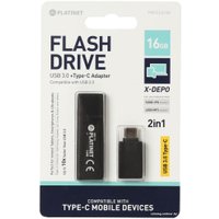 USB Flash Platinet X-Depo USB 3.0 + Type-C Adapter 16GB (черный)