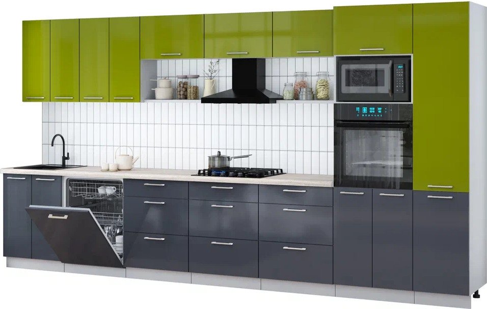 

Готовая кухня Интерлиния Мила Gloss 4.0-ПМ1 (асфальт глянец/яблоко глянец/травертин серый)