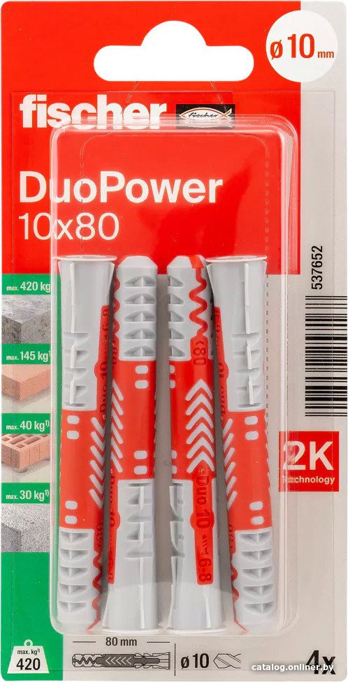 Дюбель универсальный Fischer DuoPower 10 x 80 K NV 537652 (4 шт)