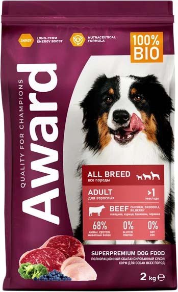 

Сухой корм для собак Award Adult All Breed для всех пород с говядиной, курицей с добавлением брокколи и черники 2 кг