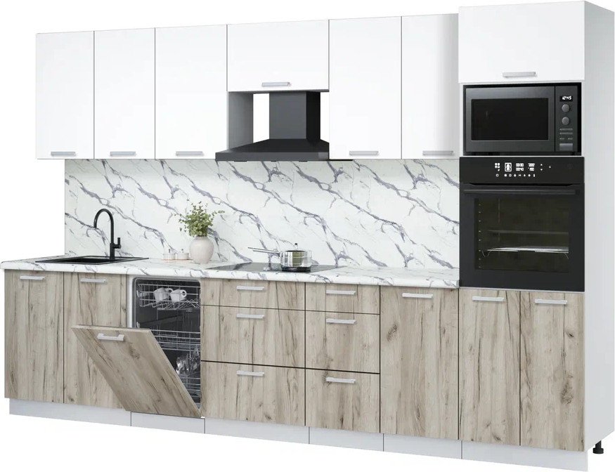 

Готовая кухня Интерлиния Мила Лайт 3.25-ПМ3 (белый платинум/дуб серый/белый гранит)