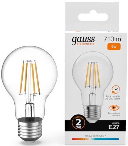 

Светодиодная лампочка Gauss Filament Elementary А60 9W 710lm 2700К Е27 22219
