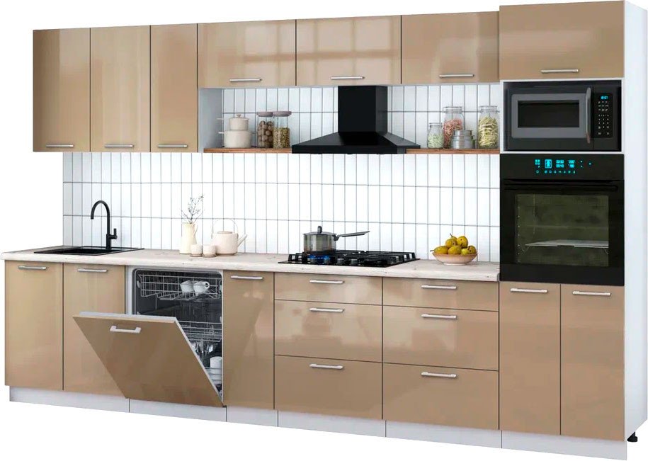 

Готовая кухня Интерлиния Мила Gloss 3.5-ПМ1-2 (капучино глянец/капучино глянец/бискайская сосна)