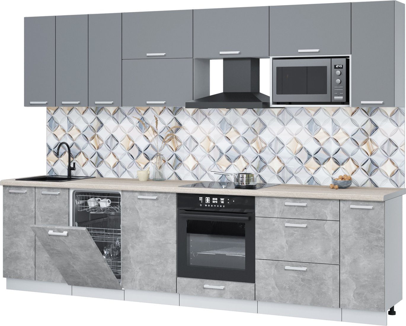 

Готовая кухня Интерлиния Мила Лайт 3.0-ПМ4 (серебро/бетон/травертин серый)