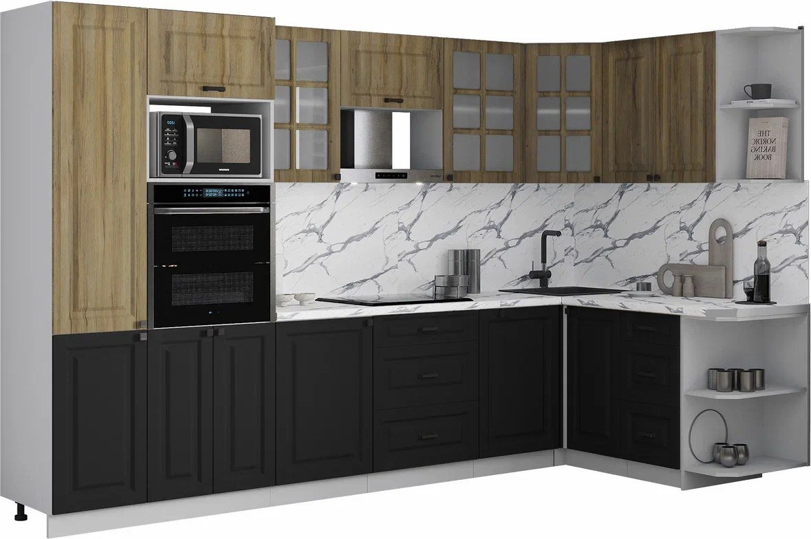 

Готовая кухня Интерлиния Мила Деко 1.68x3.2 PR (черный/дуб вотан/белый гранит)