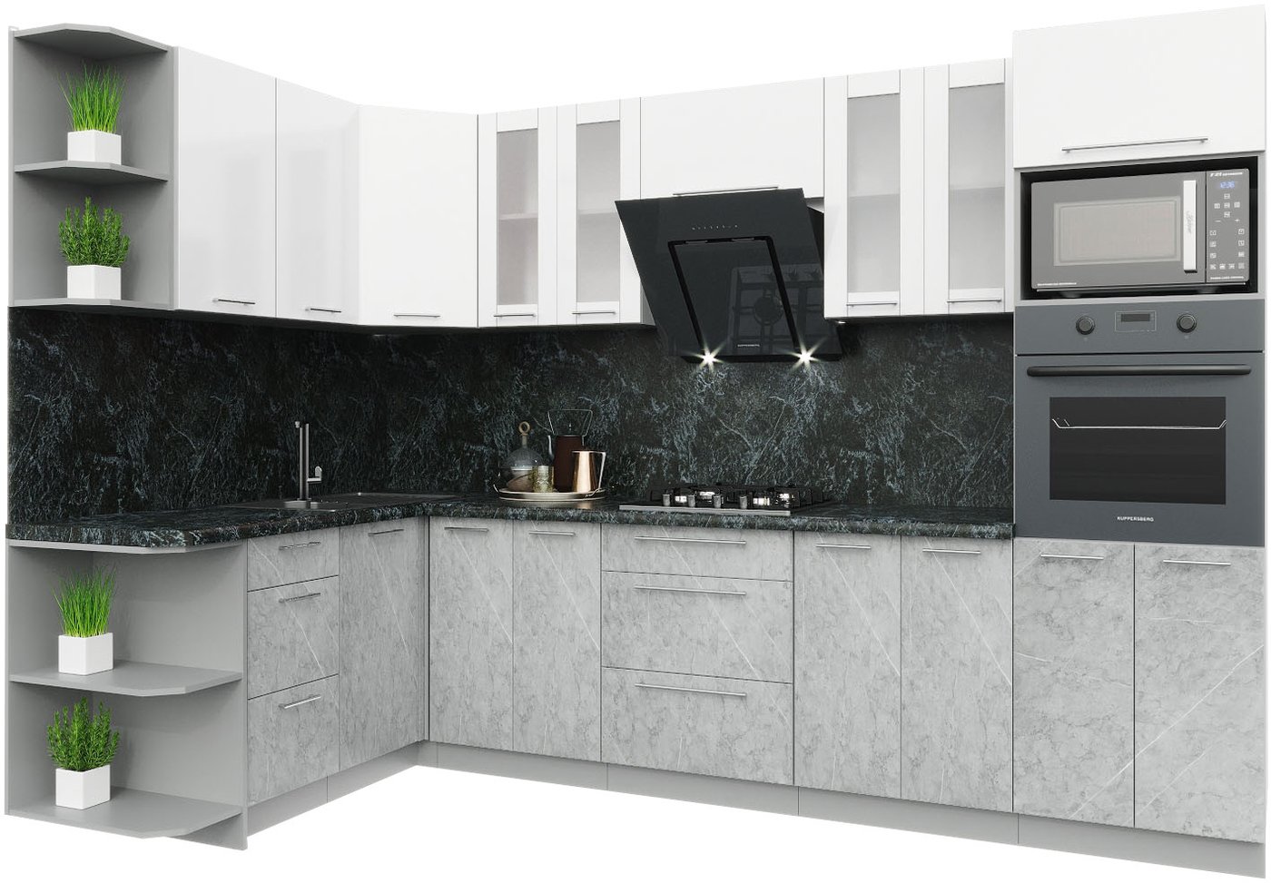 

Готовая кухня Интерлиния Мила Пластик 1.68x3.0 левая (мрамор/белый глянец/кастилло темный)