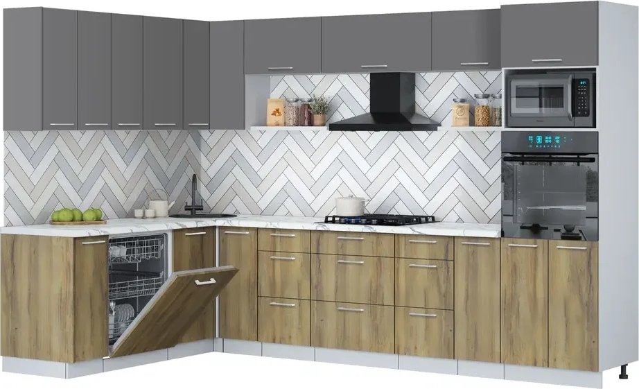 

Готовая кухня Интерлиния Мила Gloss 1.896х3.18 (дуб вотан/серый/белый гранит)