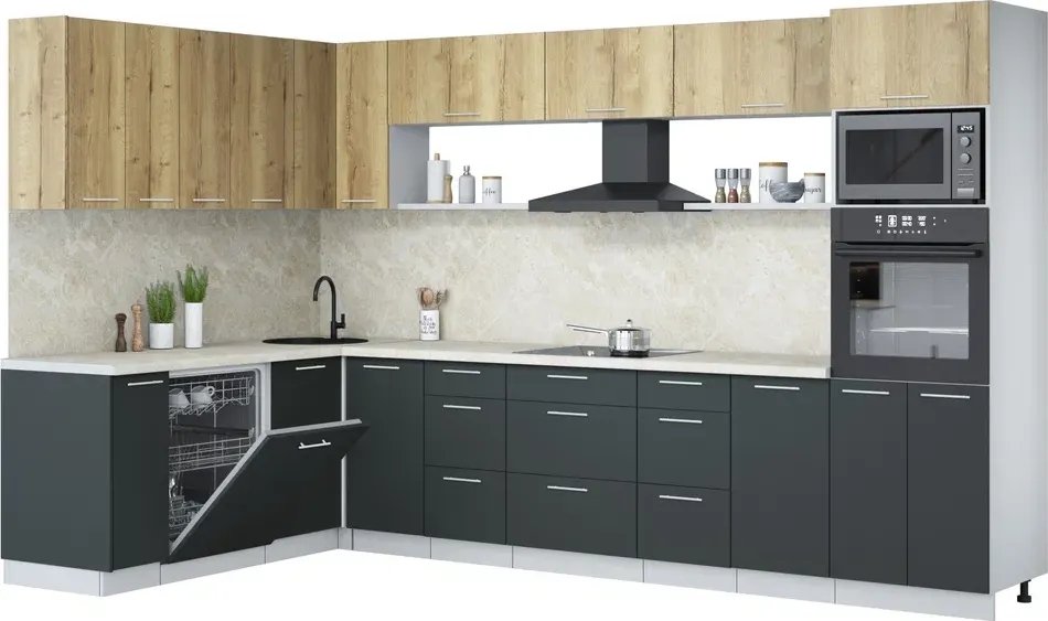 

Готовая кухня Интерлиния Мила Лайт 1.896х3.38-2 (дуб золотой/антрацит/опал светлый)