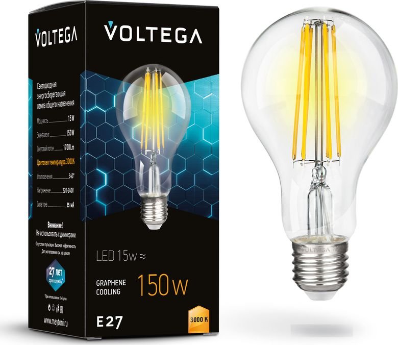 

Светодиодная лампочка Voltega Crystal Graphene A60 15W 3000K E27