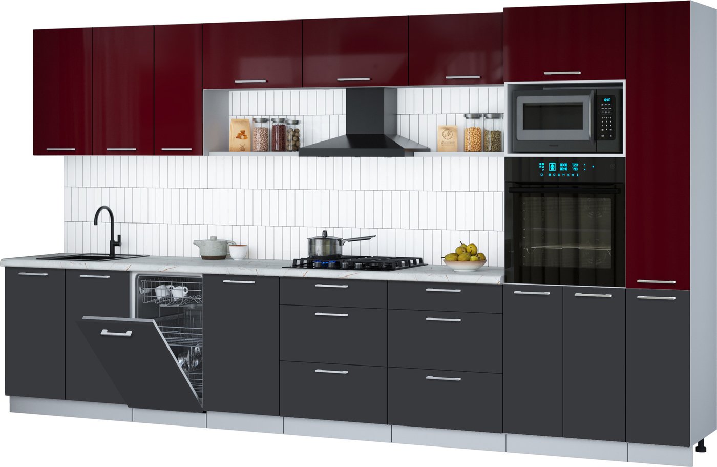 

Готовая кухня Интерлиния Мила Gloss 3.8-ПМ3 (пепел/бордовый глянец/серый каспий)